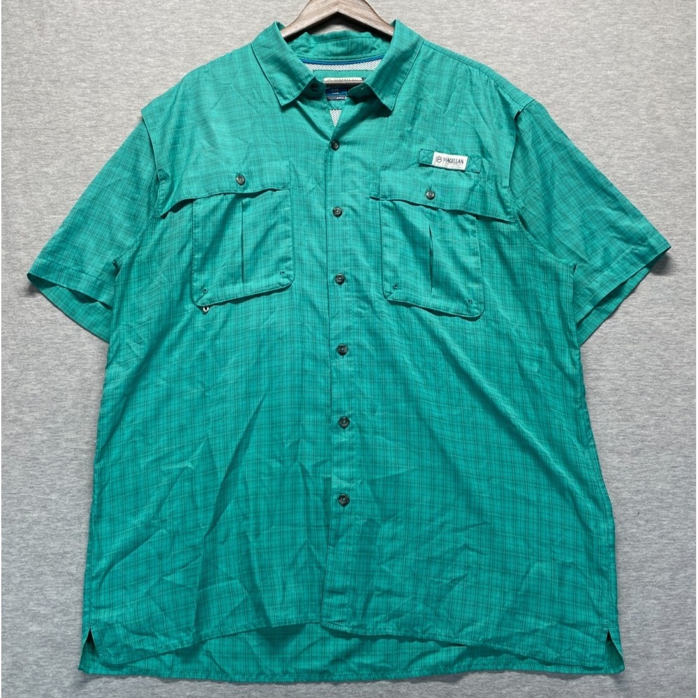 Magellan Outdoors Fish Gear Shirt Men XL Teal Plaid Angler Fit MagWick Button Up